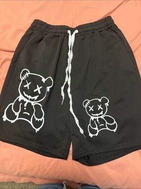 Black Graphic Bear Print Athletic Shorts